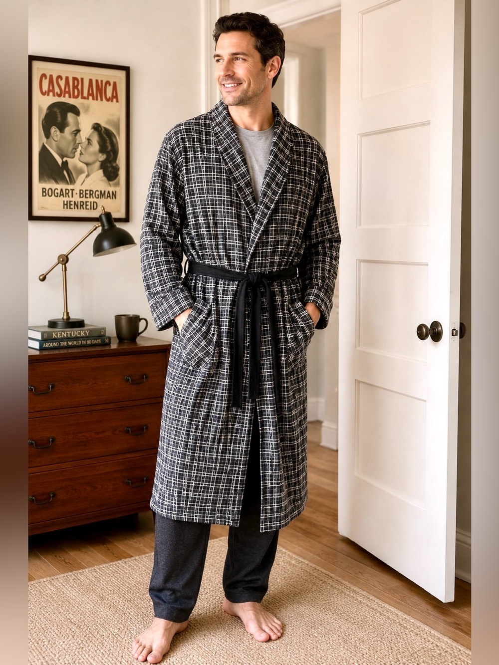 Polo Ralph Laurent classic black white plaid woven shawl collar robe cotton Sz S